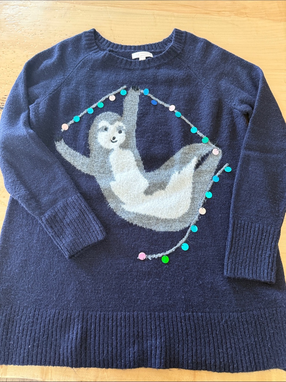 J. Crew Navy Sweater with Sloth Motif and Sequin Accents